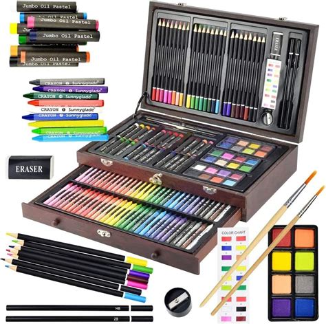  Sunnyglade 145 Piece Deluxe Art Set, Wooden Art Box & Drawing Kit with Crayons, Oil Pastels, Colored Pencils, Watercolor Cakes, Sketch Pencils, Paint Brush, Sharpener, Eraser, Color ChartHigh Quality & Unique Design: This deluxe art wooden case with removal drawer to conveniently store art supplies. 